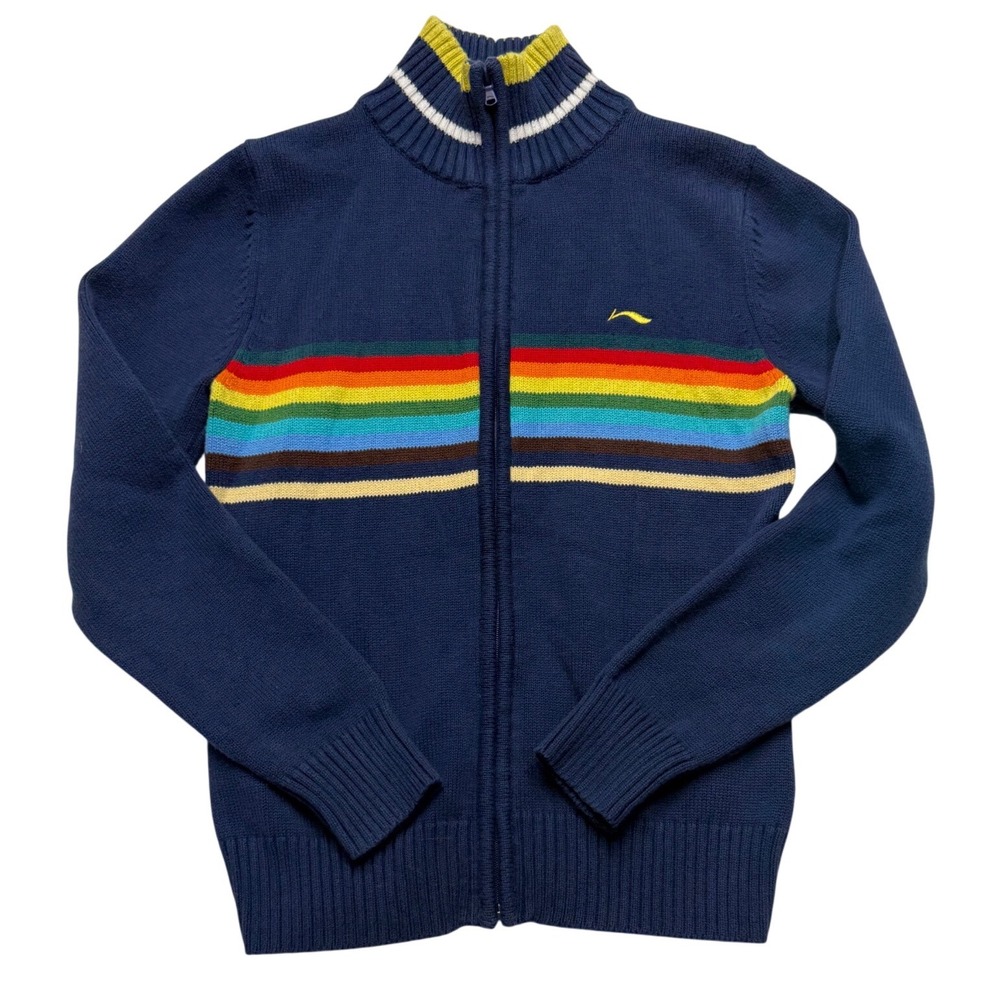 Li-Ning Kids Rainbow Stripe Full Zip Knit Cardigan Sweater Navy Blue Size L